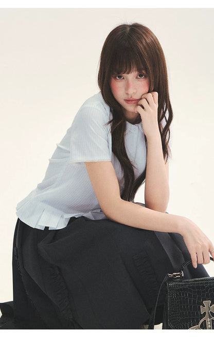 "Citrus Sea Salt" Stripe Lace Peter Pan Collar Pleated Shirt (White Blue / Blue White)