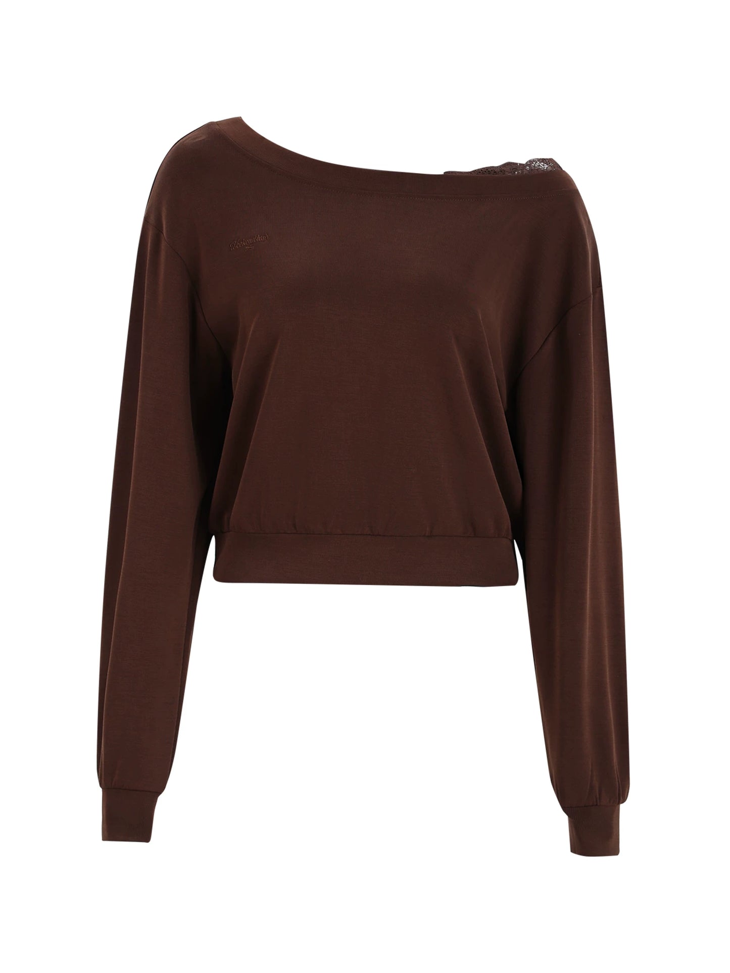 "Mocha Muse" Brown Lace Panel One-Shoulder Sweatshirt