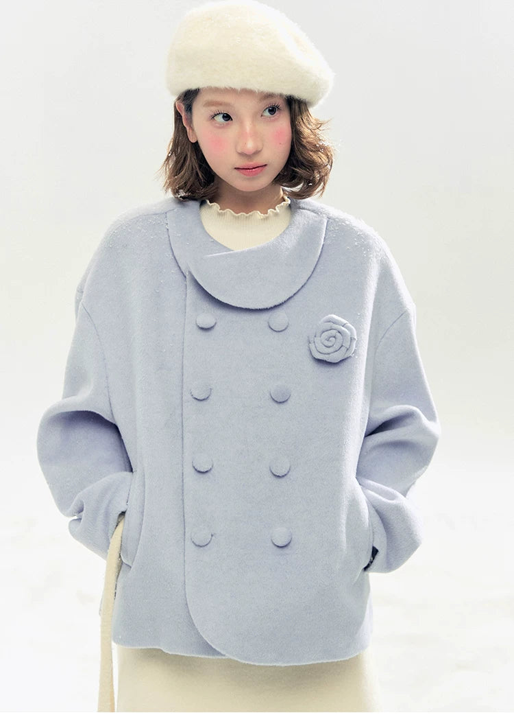 "Rose Manifesto" Frosted Blue Double-Breasted Quilted Wool-Blend Peacoat