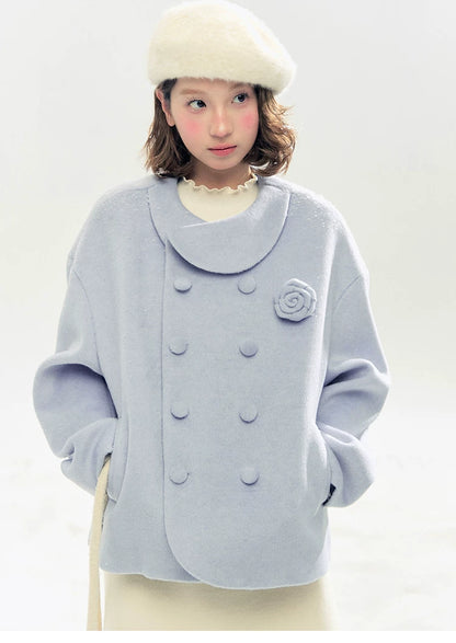 "Rose Manifesto" Frosted Blue Double-Breasted Quilted Wool-Blend Peacoat