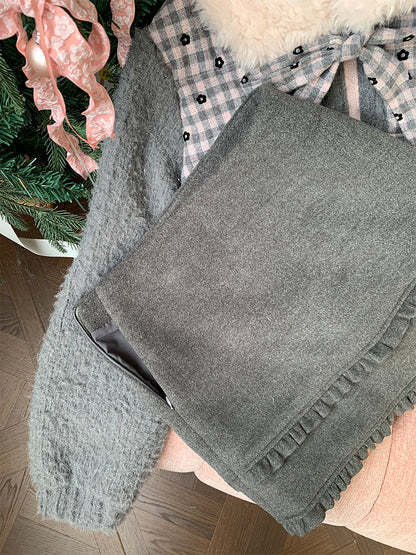 阮阮自制 - Soft Ruffle Dark Gray Tweed Skirt