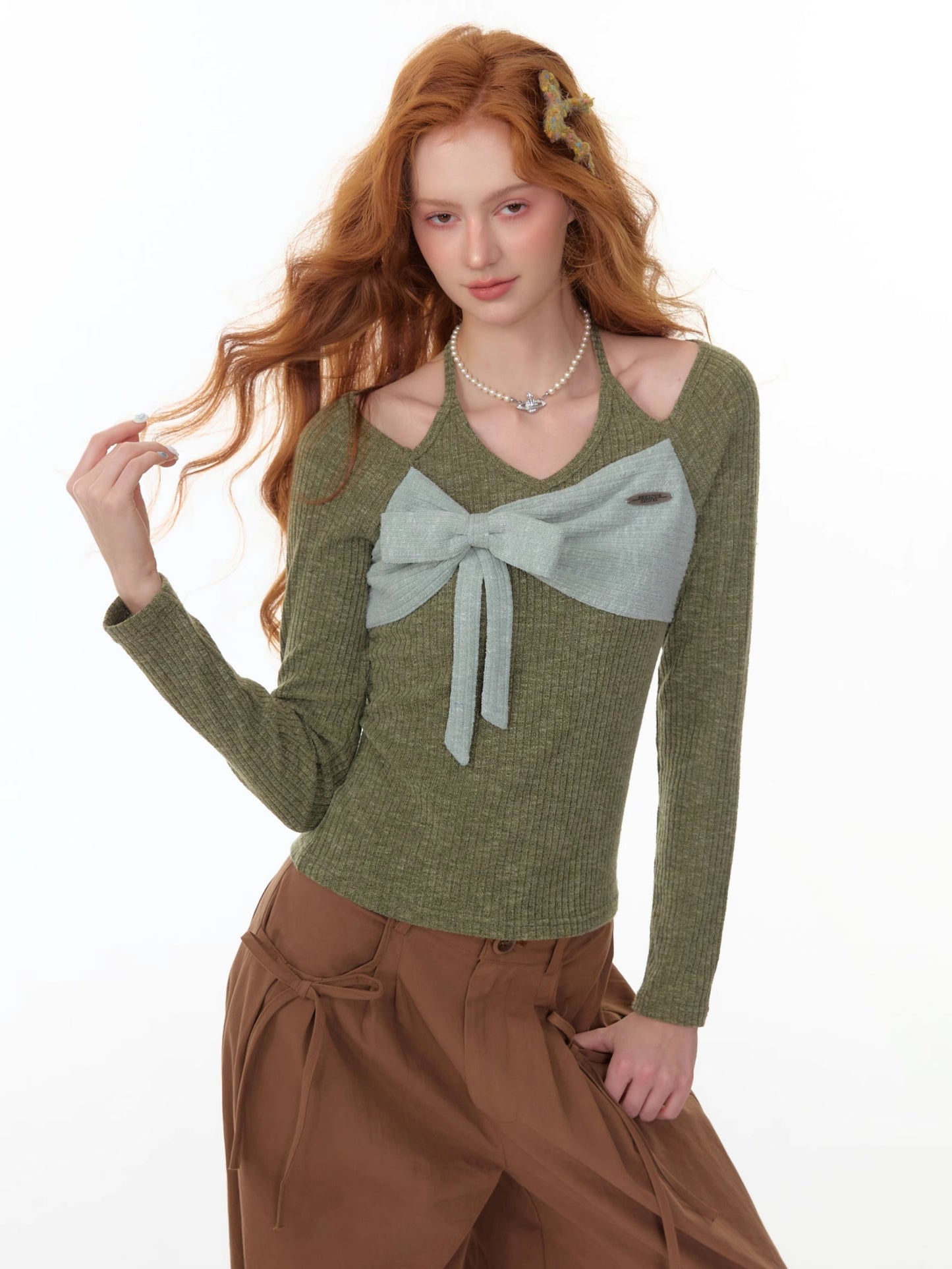 ZiziFei - Halter Ribbed Knit Top with Bow Detail – Green / Blue