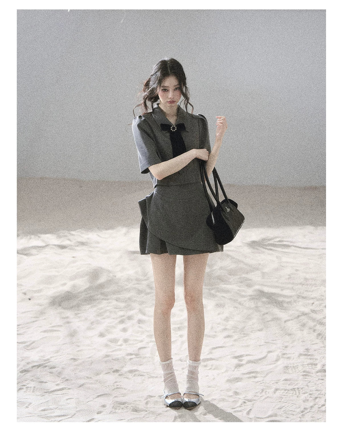 "Paris Afternoon" Slate Gray Bow Top & A-Line Mini Skirt Two-Piece Set