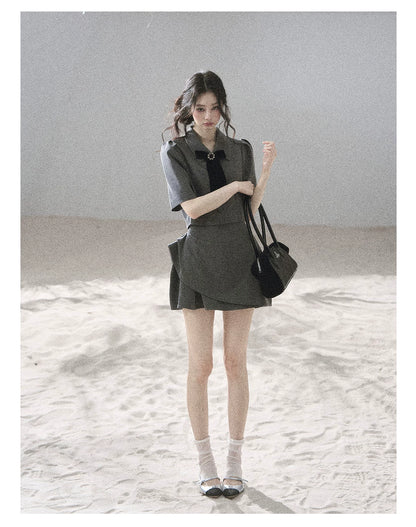 "Paris Afternoon" Slate Gray Bow Top & A-Line Mini Skirt Two-Piece Set