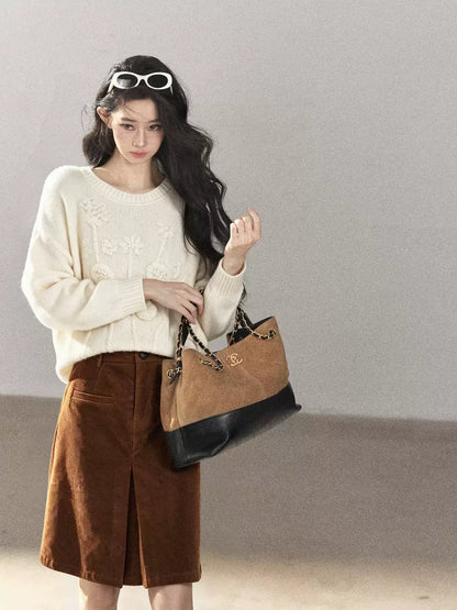 AOMALM - "Afternoon Sunshine" 3D Floral Knit Sweater – Milky Beige White