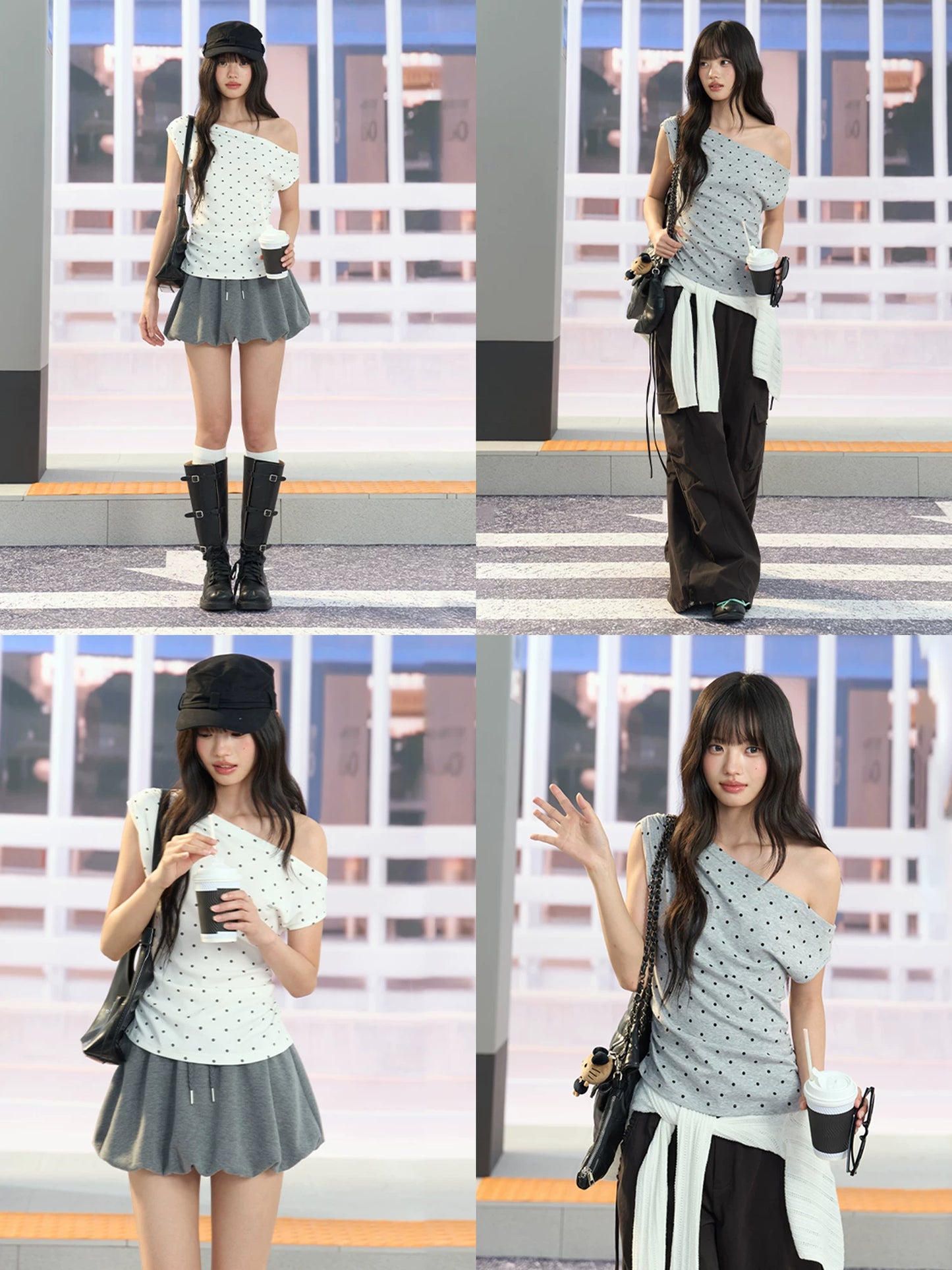 "Polished Departure" Polka Dot Off-Shoulder Ruched T-Shirt (White, Gray)