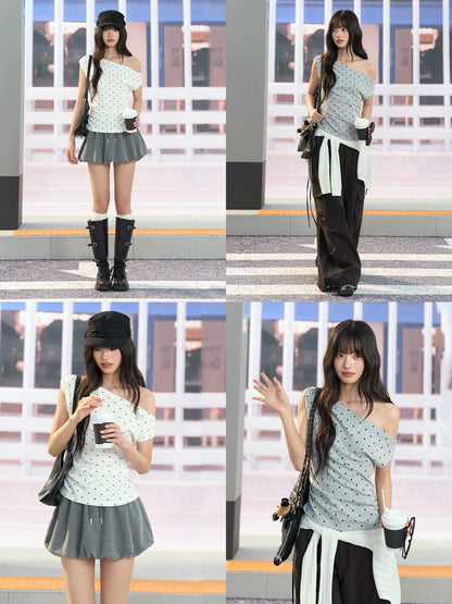"Polished Departure" Polka Dot Off-Shoulder Ruched T-Shirt (White, Gray)