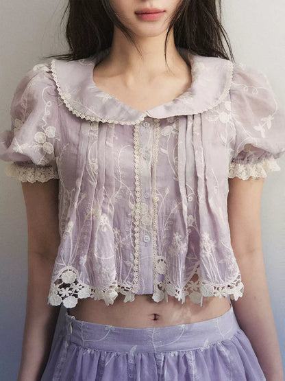 1P - Light Purple Lace Embroidered Peter Pan Collar Two-Piece Set