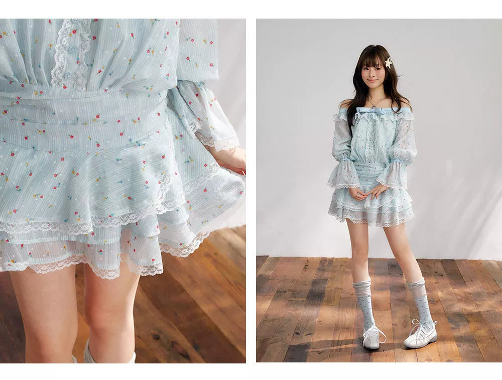 “Blue Meringue Reverie” Blue Off-Shoulder Cake Dress