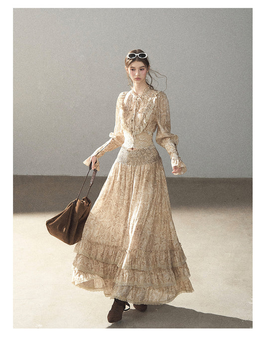170726A "Growing an Autumn Breeze" Milk Tea Floral Blouse & Maxi Skirt Set