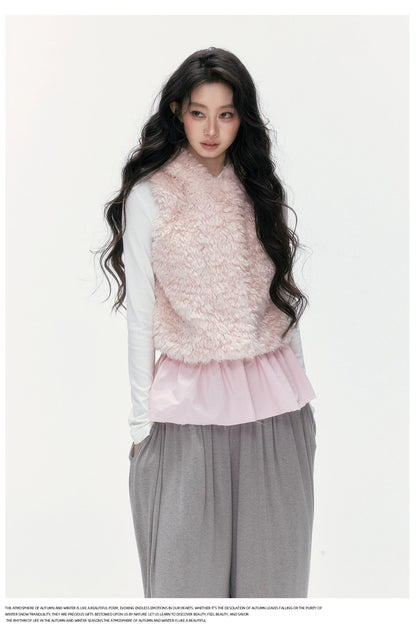 24olvides - Winter Mood Faux Fur Hooded Vest (Pink / Khaki / Cream White with Polka Dots)