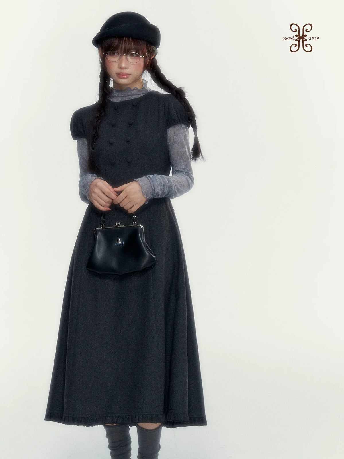 Vintage Double-Breasted Wool Dress & Knit Fringe Cape Set
