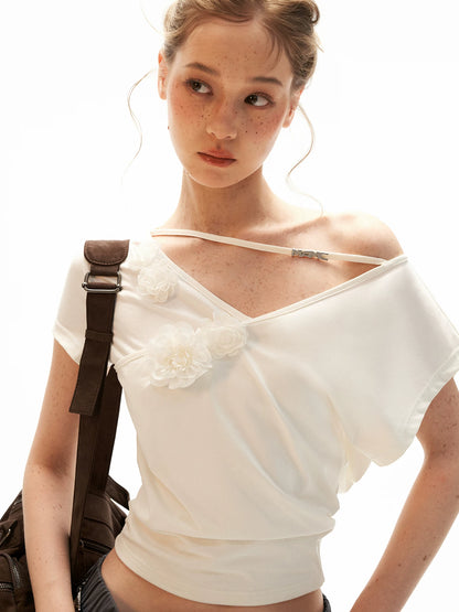 White Asymmetrical Flower Ruched Crop Top WE943
