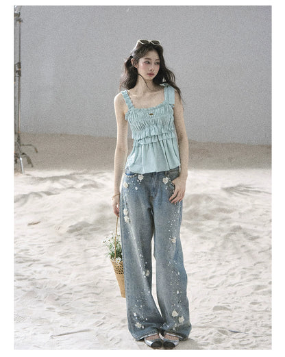 "Gentle Whisper" Glacier Blue Ruffle Peplum Cotton Top