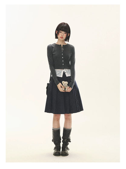 "Layered Blossom" Faux-Layer Knit Cardigan (Sakura Pink/ Heather Gray)