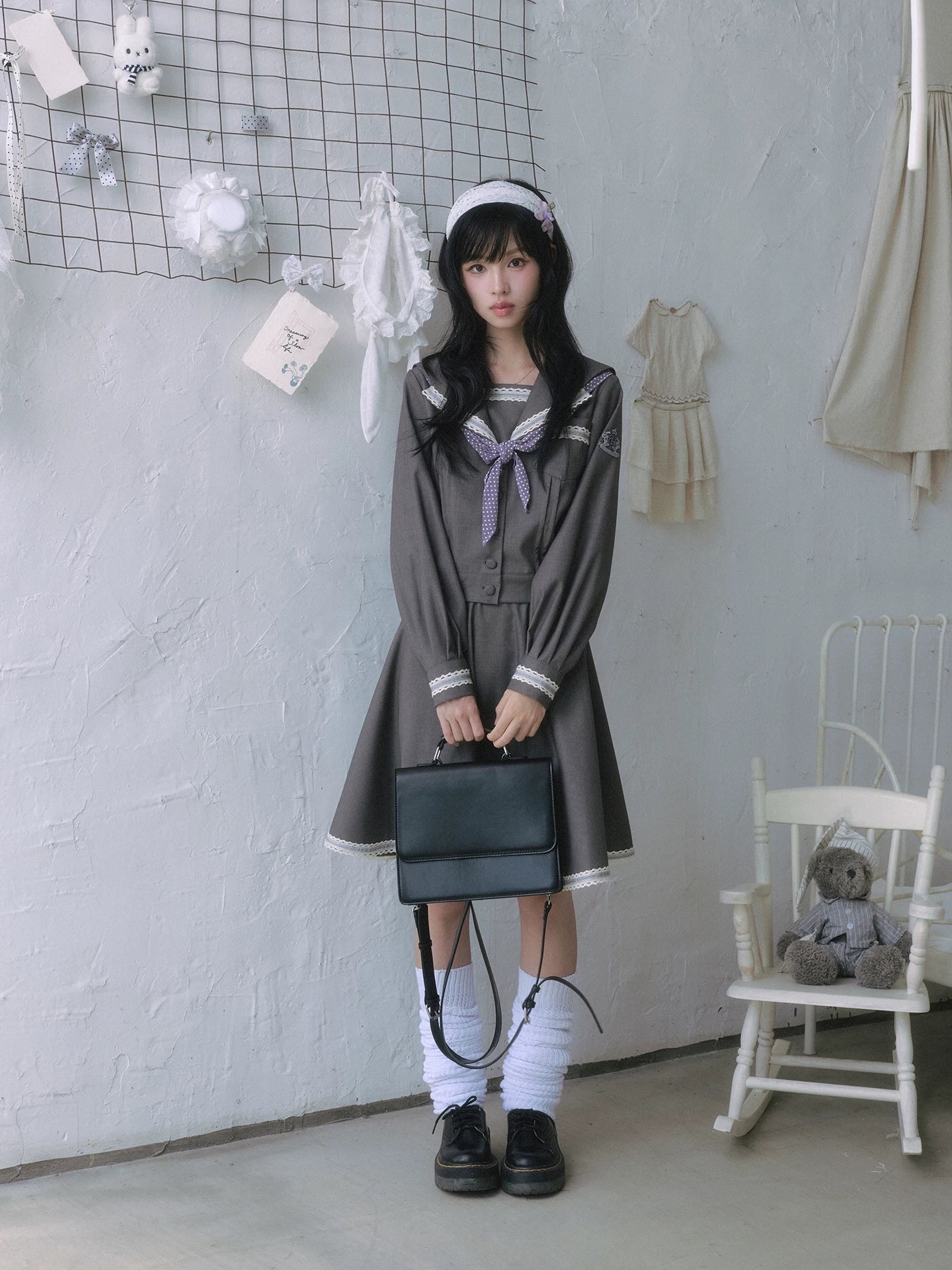 "Showa Girl" Sailor Uniform Collection (Sailor Blouse / A-Line Skirt / Box Pleated Midi Skirt / Polka Dot Scarf)