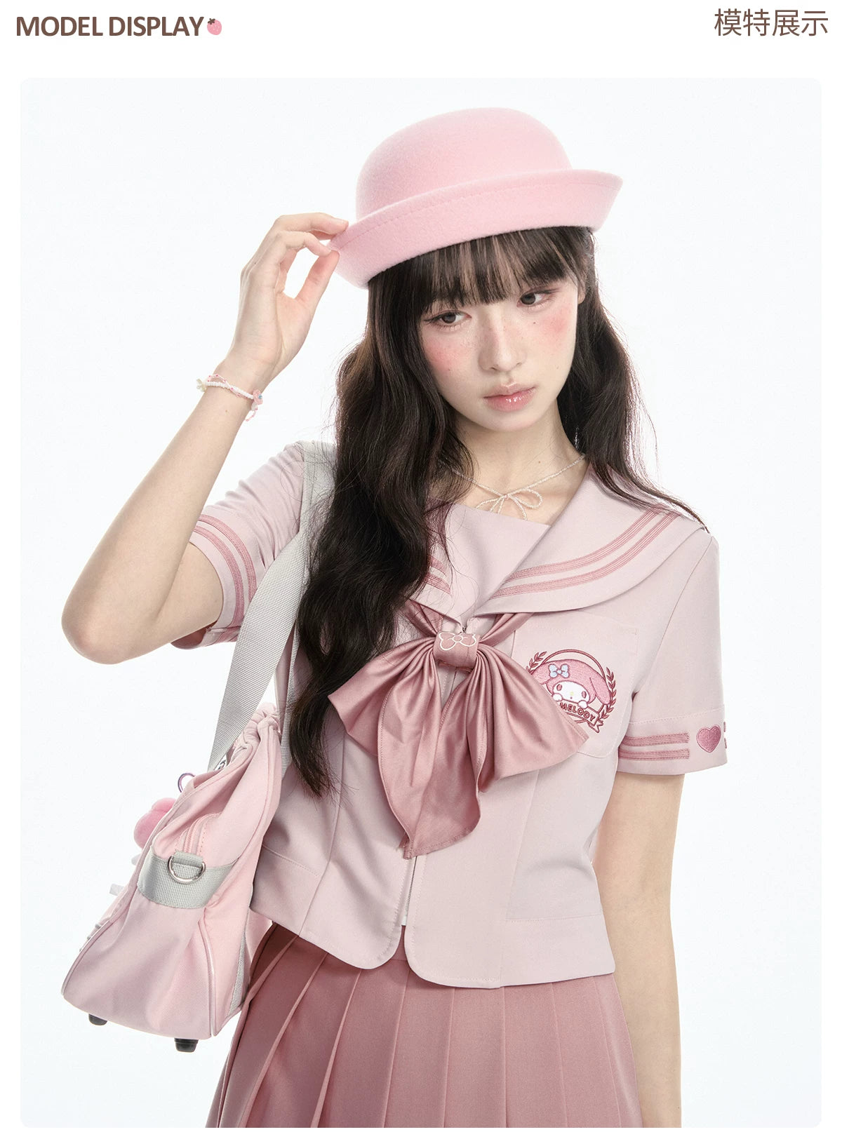 "Cherry Melody" Pink Sailor Uniform Set (Sailor Collar Shirt + Pleated Skirt + Ribbon Bow)