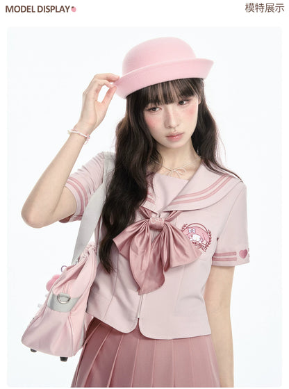 "Cherry Melody" Pink Sailor Uniform Set (Sailor Collar Shirt + Pleated Skirt + Ribbon Bow)