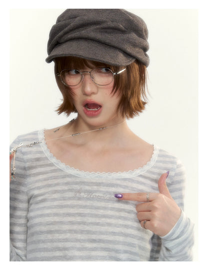 “Early Gray” Light Gray Striped Lace-Trimmed Fitted Long-Sleeve Top