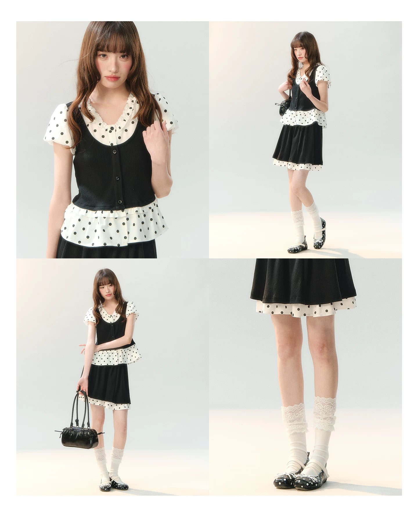 "Black Tea & Cream" Polka Dot Two-Piece Skirt Set SH2026202