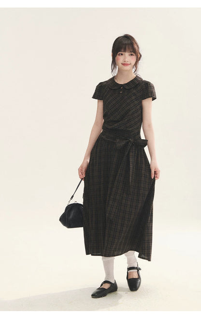 "Vintage Scholar" Black Brown Plaid Bow Tie Peter Pan Collar Maxi Dress