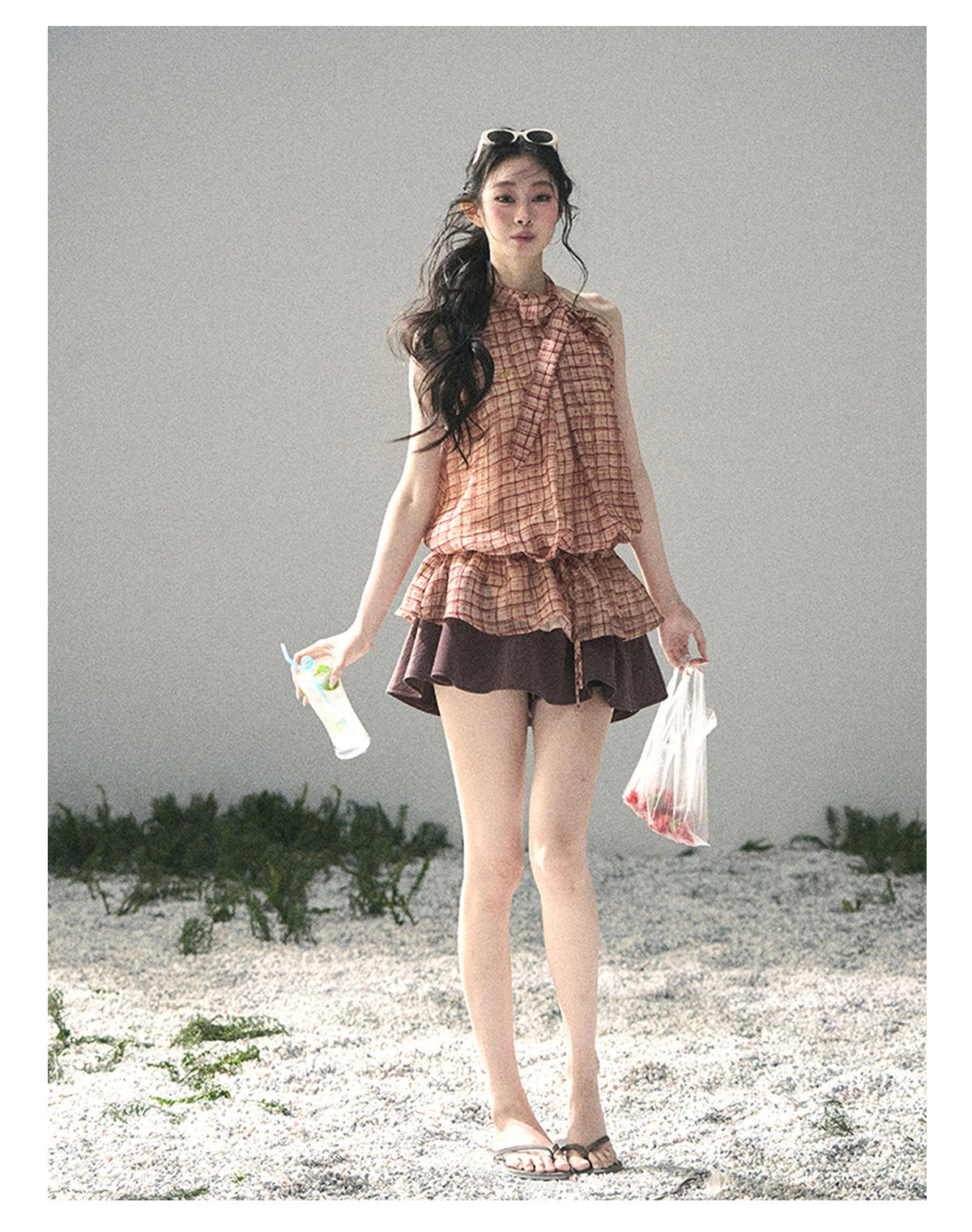 “Maple Whisper” Rust Red Halter Plaid Slim Tee