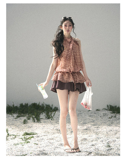 “Maple Whisper” Rust Red Halter Plaid Slim Tee