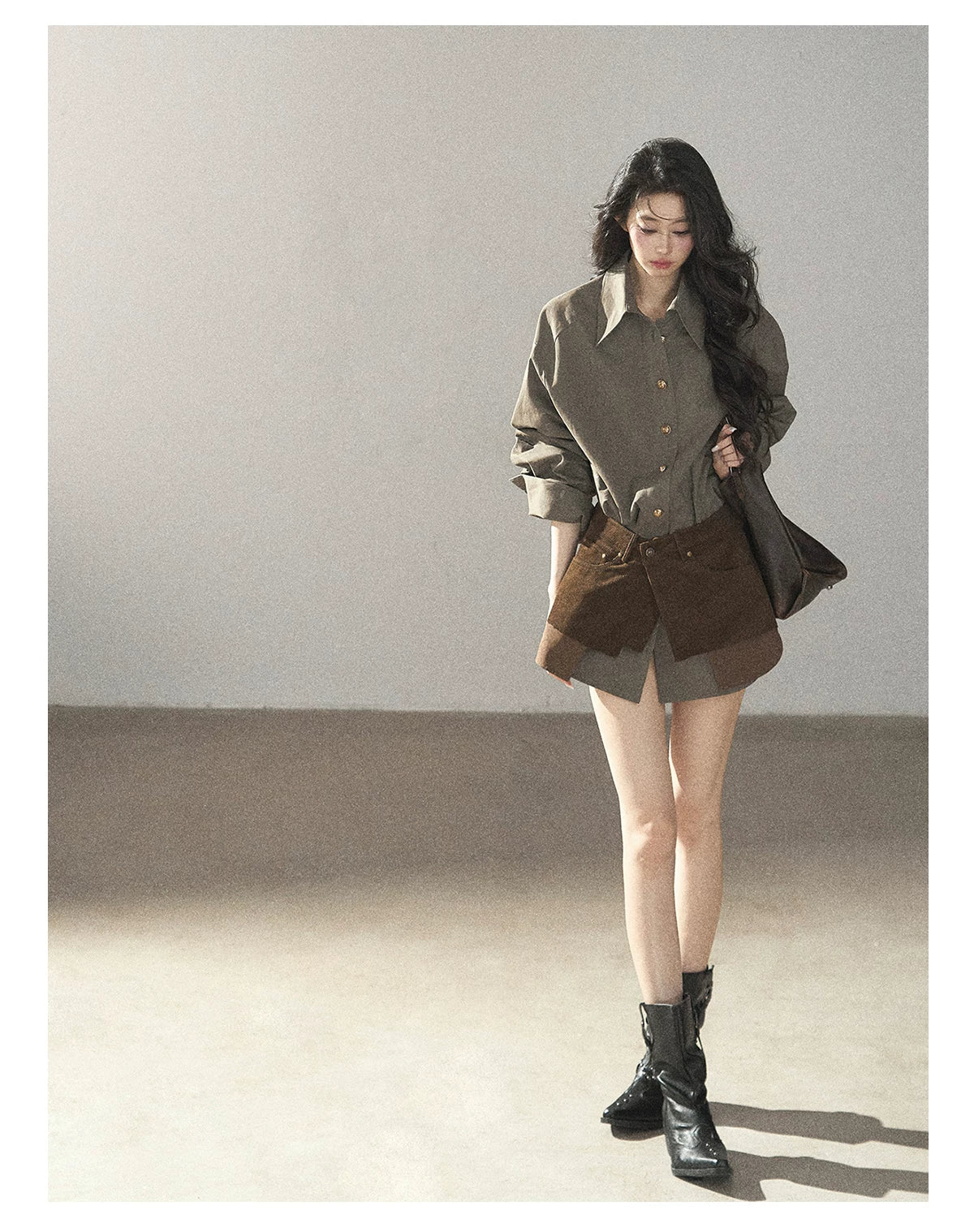 AOMALM - "Autumn Botanicals" Sage Green Striped Shirt & Wrap Faux Half-Skirt Set