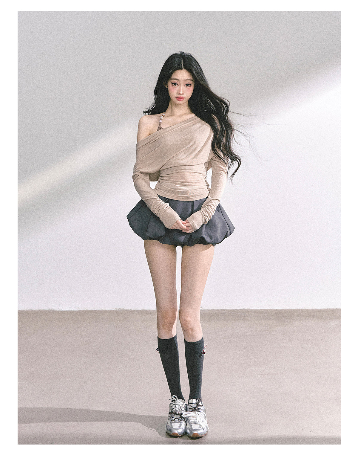 少也眼 "Soft Whisper" Korean Asymmetric Dual-Layer Off-Shoulder Top - Khaki