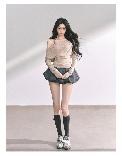 少也眼 "Soft Whisper" Korean Asymmetric Dual-Layer Off-Shoulder Top - Khaki
