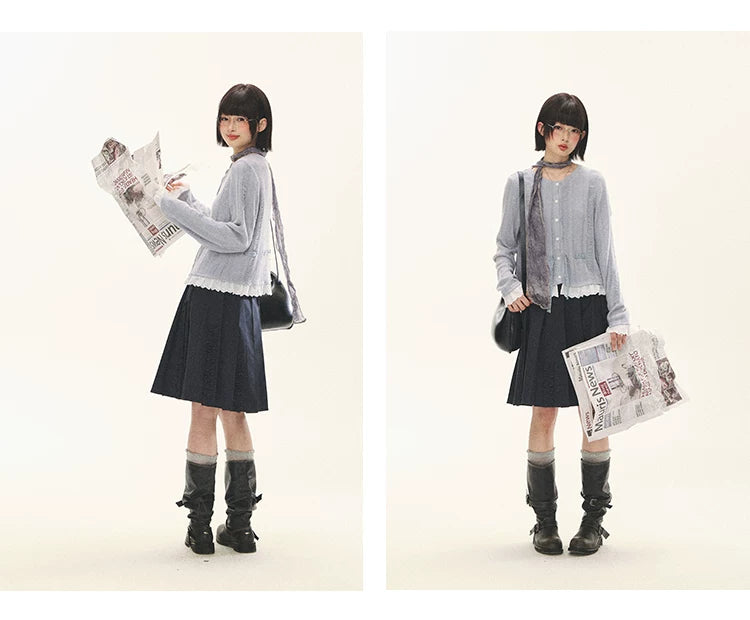 "Wisteria Whisper" Open-Knit Lace Tie Cardigan (Wisteria/ Ivory)