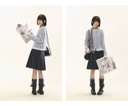 "Wisteria Whisper" Open-Knit Lace Tie Cardigan (Wisteria/ Ivory)