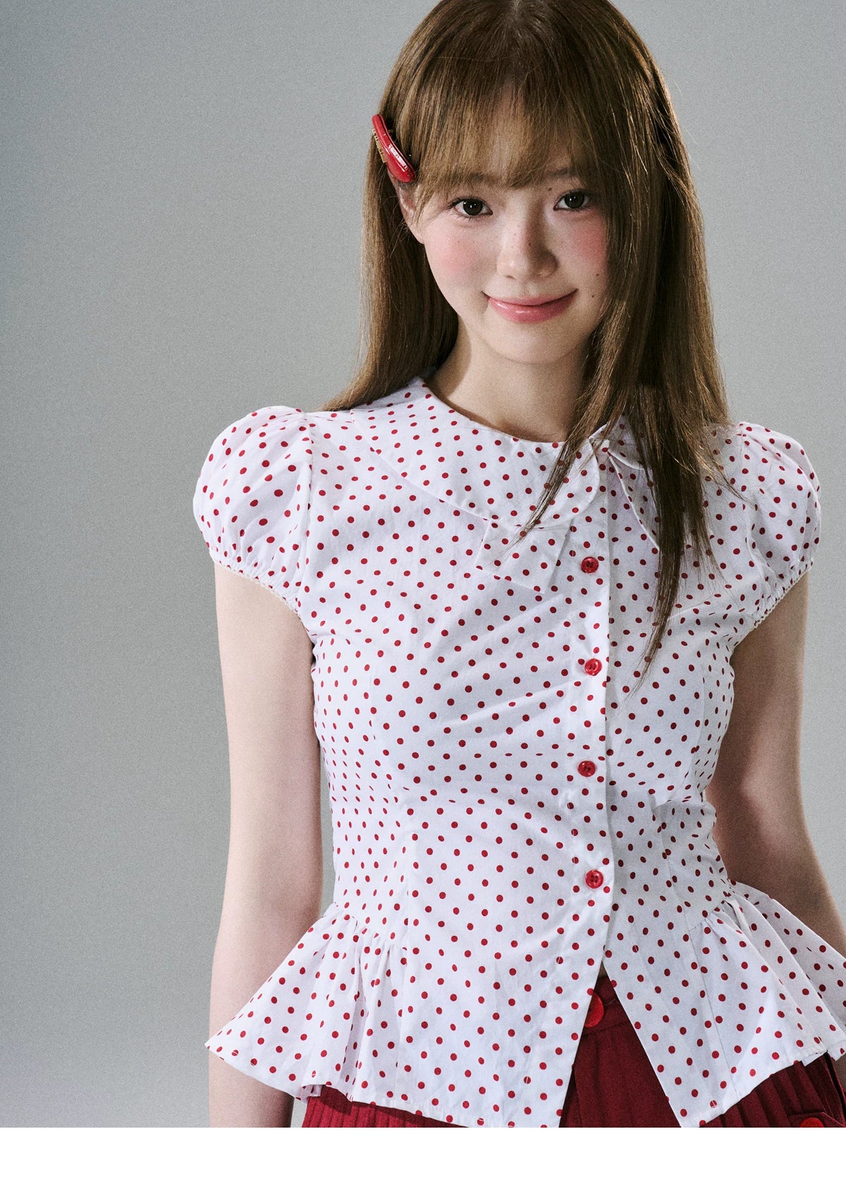 LOST FOREST - White & Red Polka Dot Asymmetrical Cotton Blouse