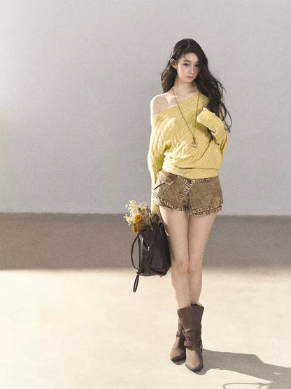 AOMALM - Cheese Yellow Off-Shoulder Cable Knit Sweater with Long Cuffs