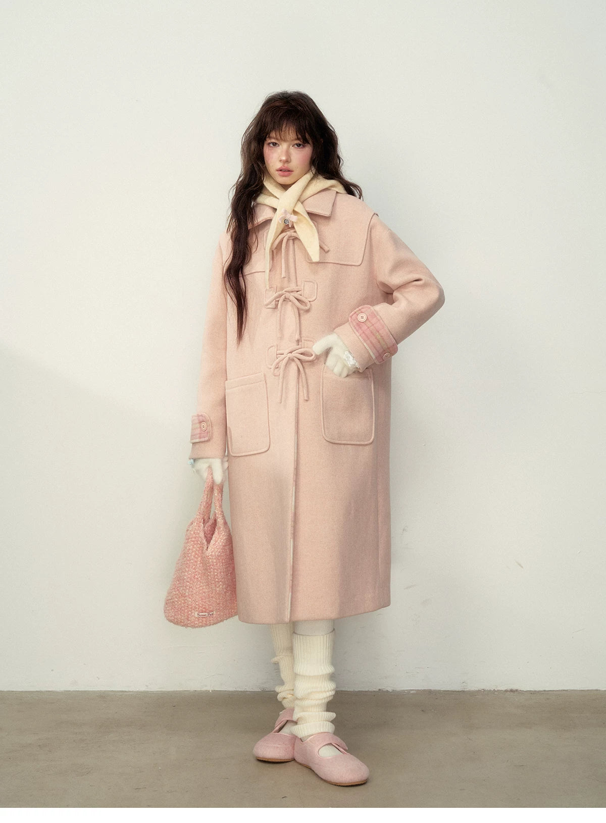 SunsetPark - Vintage Teddy Bear Bow Toggle Wool Coat (Blush Pink / Brown Bear)