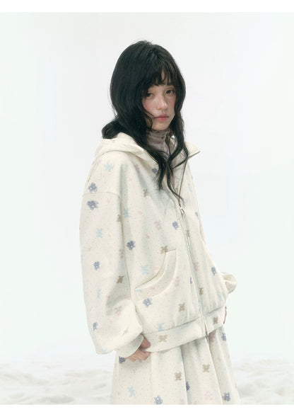 JOVYLLE - Cream Printed Fleece-Lined Sweatshirt, Pants & Skirt Set