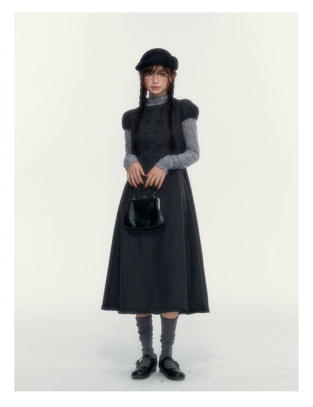 Vintage Double-Breasted Wool Dress & Knit Fringe Cape Set