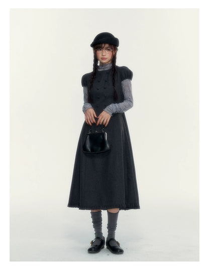Vintage Double-Breasted Wool Dress & Knit Fringe Cape Set