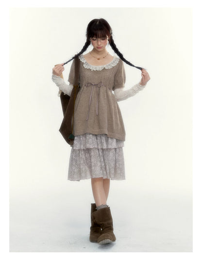 “Everyday Mist” Jacquard Lace Layering Top ( Ivory / Fog Gray )