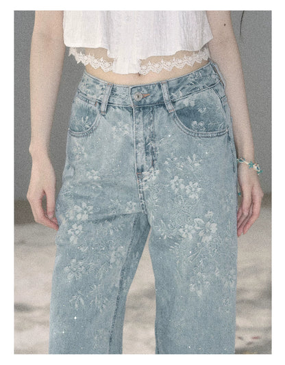 "Twinkling Starlight" Sky Blue Floral Rhinestone Wide-Leg Jeans