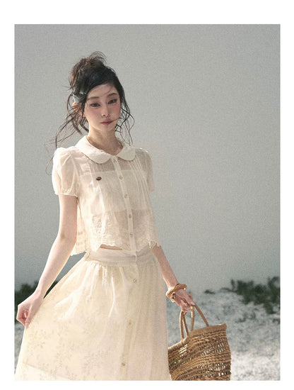 "Apricot Blossom After Rain" Dutch Cheese Lace Blouse & Maxi Skirt Set 532453