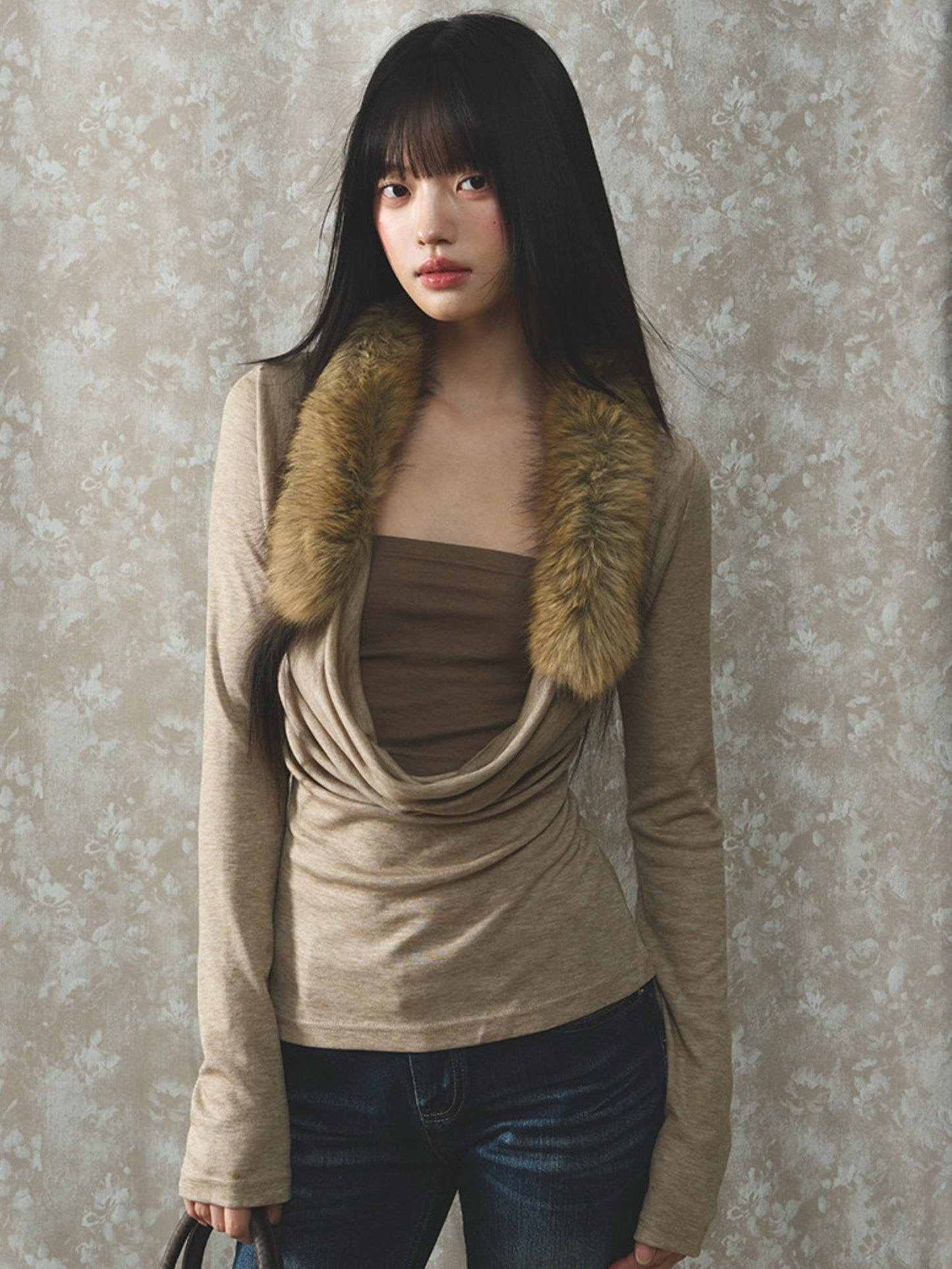Soote Season - Oatmeal Faux Two-Piece Draped Fur-Collar Knit Base Top