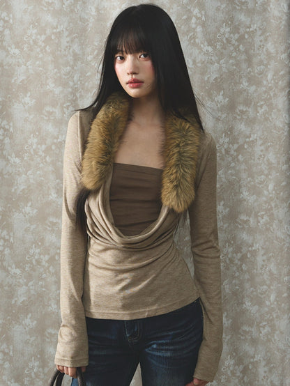 Soote Season - Oatmeal Faux Two-Piece Draped Fur-Collar Knit Base Top