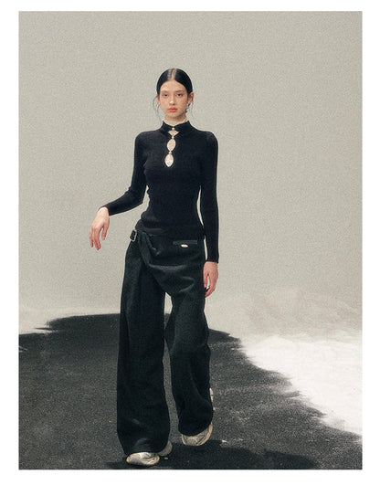 040126 "Lacewoven Dream" Mock Neck Layered Lace Knit Top - Obsidian Black