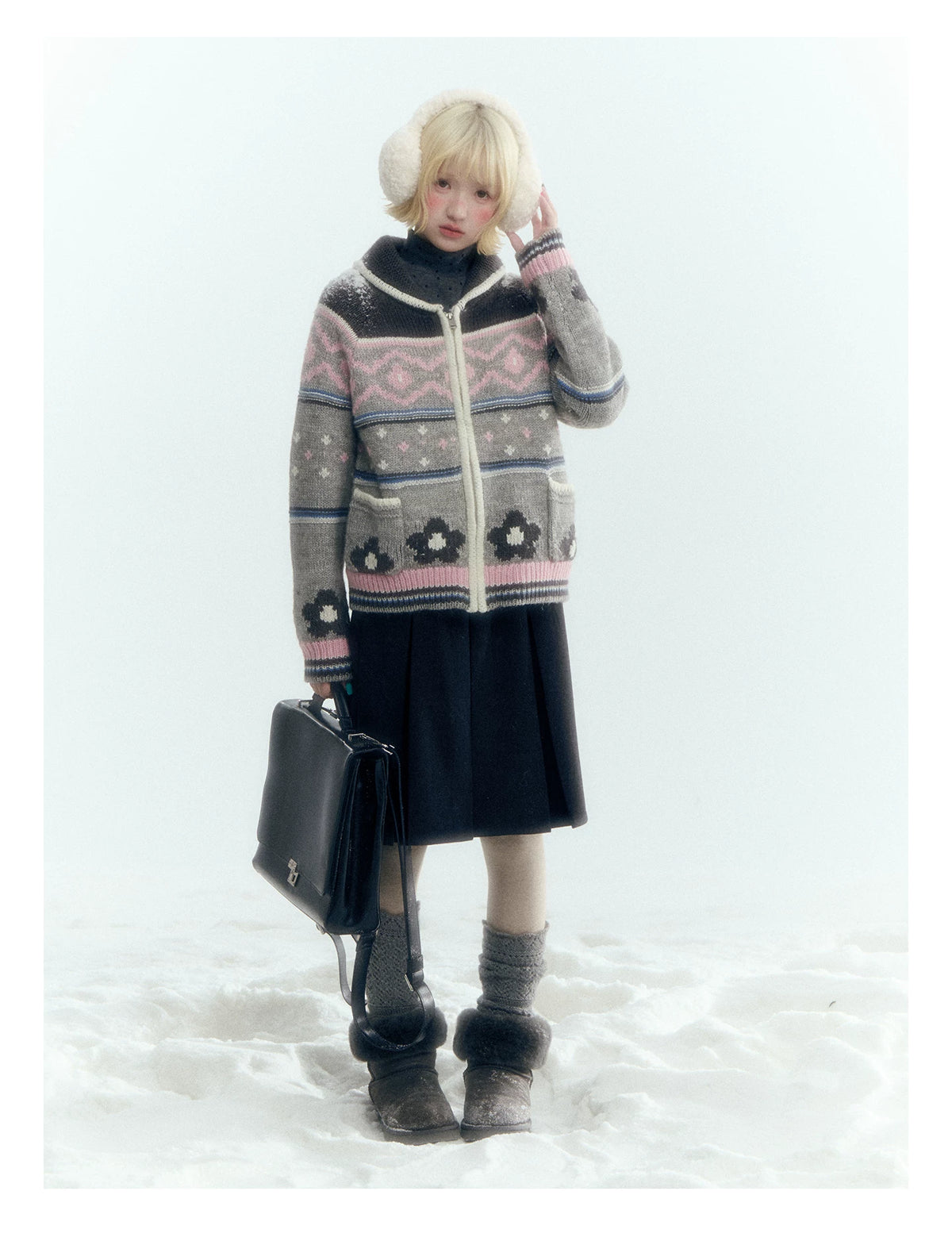 Horridale - Gray Pink Fair Isle Floral Zip-Up Knit Cardigan