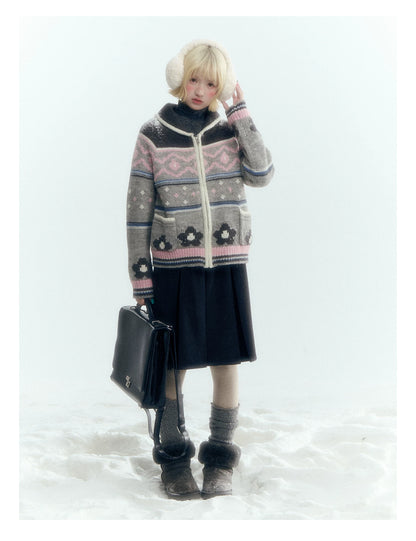 Horridale - Gray Pink Fair Isle Floral Zip-Up Knit Cardigan