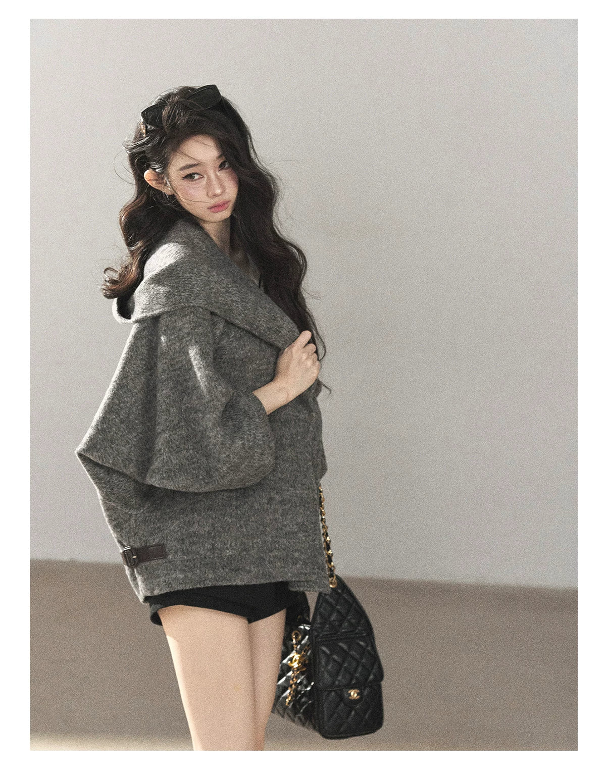 AOMALM - Dark Heather Gray Hooded Wool-Blend Jacket (With Inner Bra)