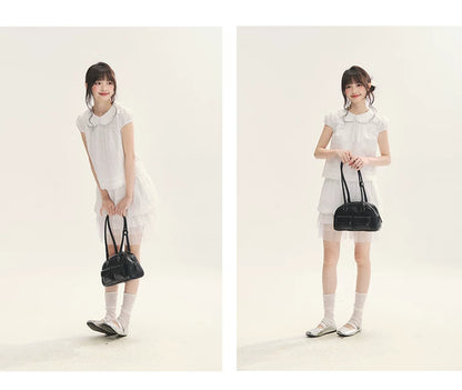 "Black & White Sonata" Polka Dot Mesh Tiered Jellyfish Skirt (White/ Black)