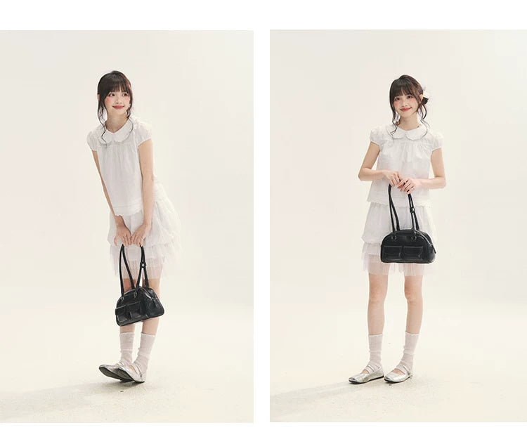 "Cotton Cloud" White Ruffle Collar Puff Sleeve Babydoll Top