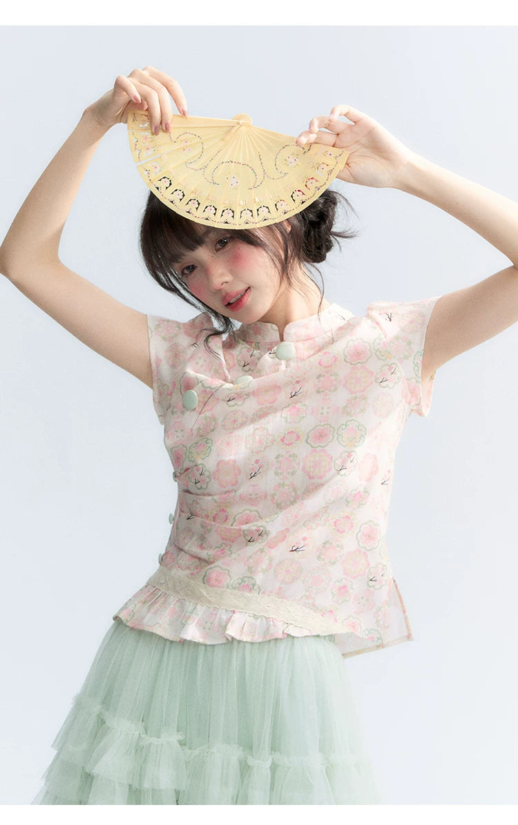 "Lime Mille-Feuille Glow" Peach Mist Chinese-Inspired Short Sleeve Top & Lime Green Tulle Tiered Skirt Set